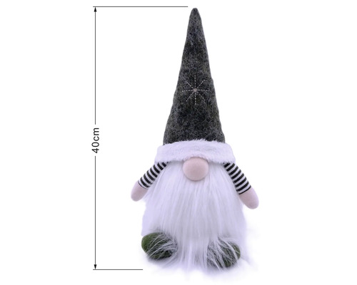 Kerstkabouter met grijze vilten muts, witte baard en gestreepte armen, hoogte 40 centimeter.