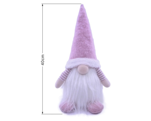 Decoratieve roze kabouter met witte baard en puntmuts, hoogte 40 centimeter.