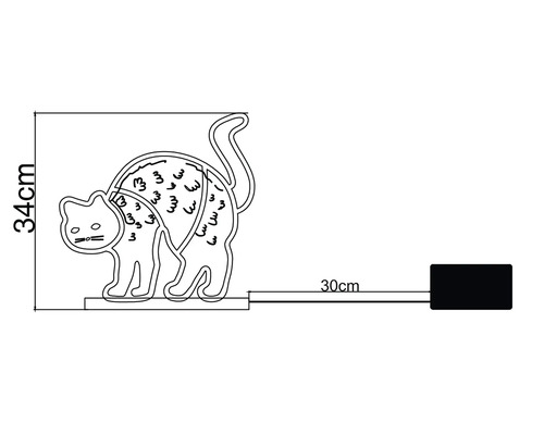 Maattekening van een decoratieve kattenlamp, 34 centimeter hoog, met een snoer van 30 centimeter.