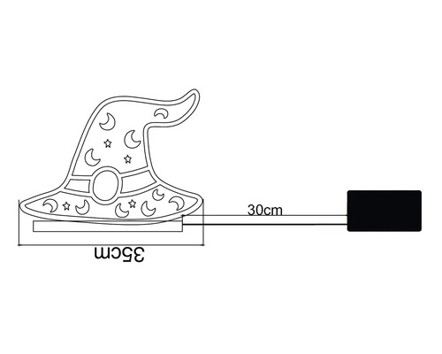 LED-verlichting in de vorm van een heksenhoed met sterren en manen, breedte 35 centimeter, kabellengte 30 centimeter.