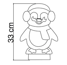 Maattekening van een decoratieve pinguïn met muts, oorwarmers en sjaal, hoogte 33 centimeter.