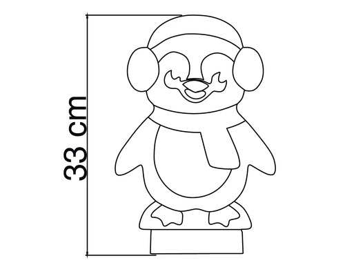 Maattekening van een decoratieve pinguïn met muts, oorwarmers en sjaal, hoogte 33 centimeter.