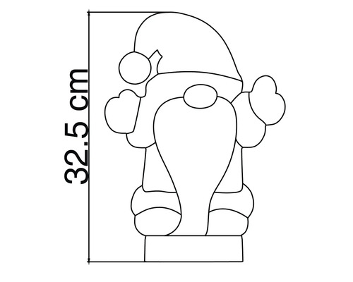 Lijntekening van een kerstkabouter met een hoogte van 32,5 centimeter.