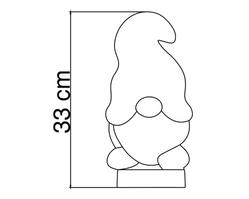 Lijntekening van een tuinkabouter met een hoogte-aanduiding van 33 centimeter.