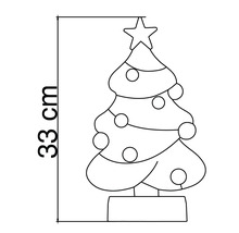 Schematische tekening van een kerstboom met ster en ballen, hoogte 33 centimeter.
