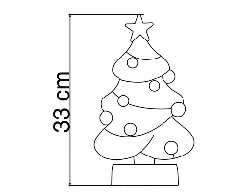 Schematische tekening van een kerstboom met ster en ballen, hoogte 33 centimeter.