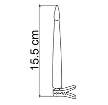 Schets van een kerstboomkaars met klem en een totale hoogte van 15,5 centimeter.