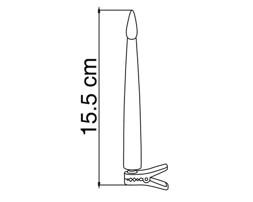 Schets van een kerstboomkaars met klem en een totale hoogte van 15,5 centimeter.