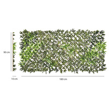 Kunstplantenwand op houten trellis met verschillende groene bladeren, 90 bij 180 bij 10 centimeter.