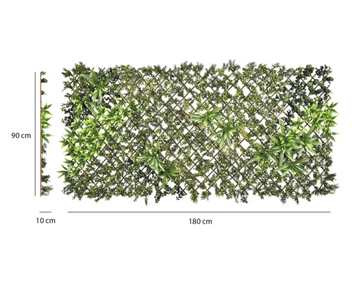 Kunstplantenwand op houten trellis met verschillende groene bladeren, 90 bij 180 bij 10 centimeter.