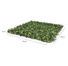 Kunsthaagmat met groene bladeren, 100 centimeter bij 100 centimeter, 6 centimeter hoog.