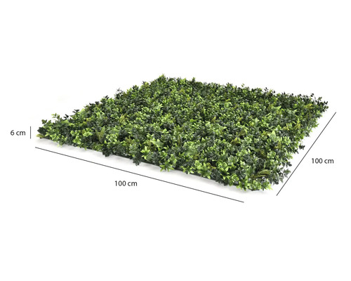 Kunsthaagmat met groene bladeren, 100 centimeter bij 100 centimeter, 6 centimeter hoog.