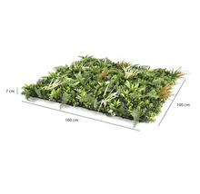 Kunstplantenpaneel met varens en grassen, afmetingen 100 bij 100 centimeter, hoogte 7 centimeter.