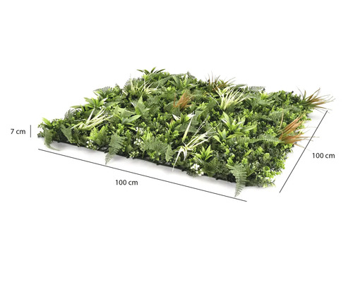 Kunstplantenpaneel met varens en grassen, afmetingen 100 bij 100 centimeter, hoogte 7 centimeter.