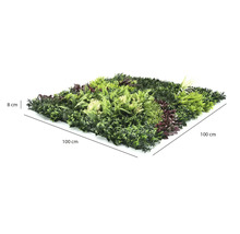 Kunstplantenwand met diverse soorten bladeren, afmetingen 100 bij 100 centimeter, diepte 8 centimeter.