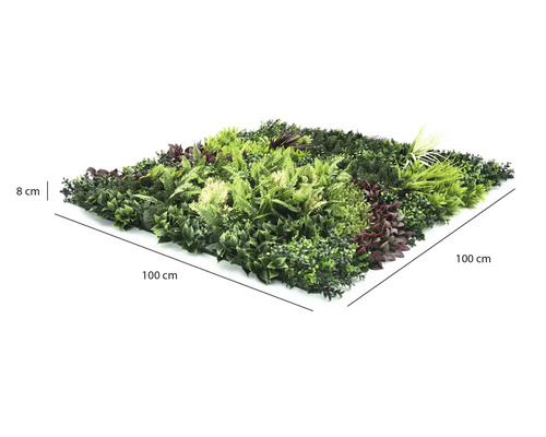Kunstplantenwand met diverse soorten bladeren, afmetingen 100 bij 100 centimeter, diepte 8 centimeter.