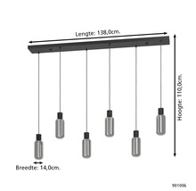 Hanglamp 6-lichts met glazen kappen, lengte 138 centimeter, hoogte 110 centimeter, breedte 14 centimeter.