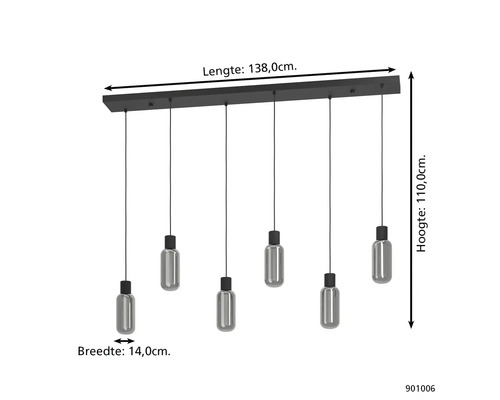 Hanglamp 6-lichts met glazen kappen, lengte 138 centimeter, hoogte 110 centimeter, breedte 14 centimeter.