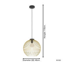 Gouden hanglamp met ronde draadkap en zwarte houder, diameter 40 centimeter en hoogte 110 centimeter.