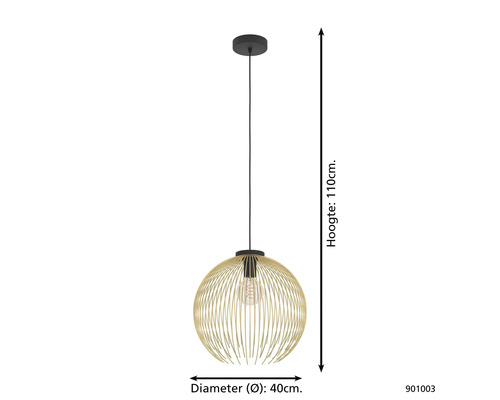 Gouden hanglamp met ronde draadkap en zwarte houder, diameter 40 centimeter en hoogte 110 centimeter.