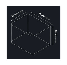 Maattekening van een opbergbox met 40 centimeter breedte, 32 centimeter diepte en 28 centimeter hoogte.