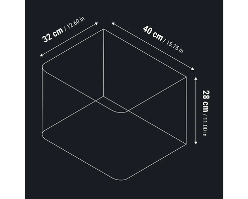 Maattekening van een opbergbox met 40 centimeter breedte, 32 centimeter diepte en 28 centimeter hoogte.