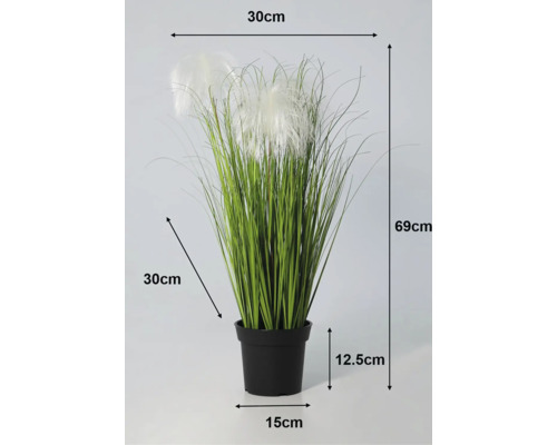Kunstgras in zwarte pot met afmetingen: totale hoogte 69 centimeter, breedte 30 centimeter, diameter pot 15 centimeter.