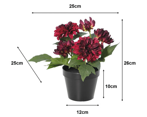 Rode kunstmatige dahlia in pot, hoogte 26 centimeter, breedte 25 centimeter, diepte 25 centimeter, pot 10 centimeter, bodemdiameter 12 centimeter.