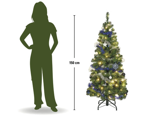 Kunstkerstboom, versierd met verlichting, slingers en ballen, hoogte 150 centimeter, met silhouet van een persoon voor schaalvergelijking.