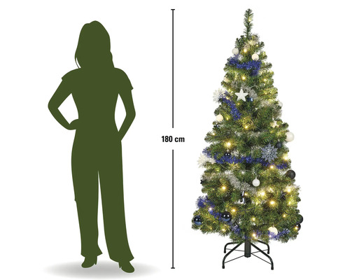 Kunstkerstboom met verlichting en decoratie, hoogte 180 centimeter, naast een silhouet van een persoon voor een groottevergelijking.