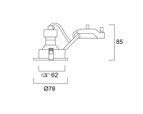 Technische tekening van een inbouwspot met afmetingen: hoogte 85 millimeter, zaagmaat 62 millimeter, buitendiameter 78 millimeter.