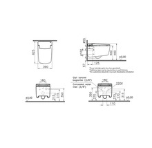 Technische tekening van een wandcloset douche-wc met afmetingen in millimeters.