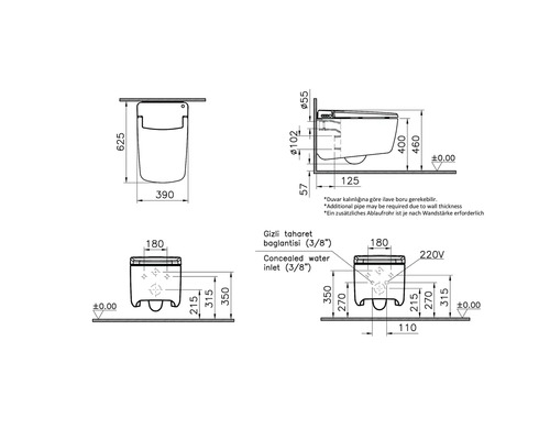 Technische tekening van een wandcloset douche-wc met afmetingen in millimeters.