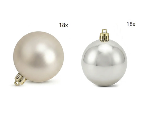 Set van 36 champagnekleurige kerstballen van kunststof, 18 mat en 18 glanzend.