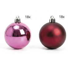 Set van 36 kerstballen, 18 glanzende roze en 18 mat donkerrode ballen met ophangoog.