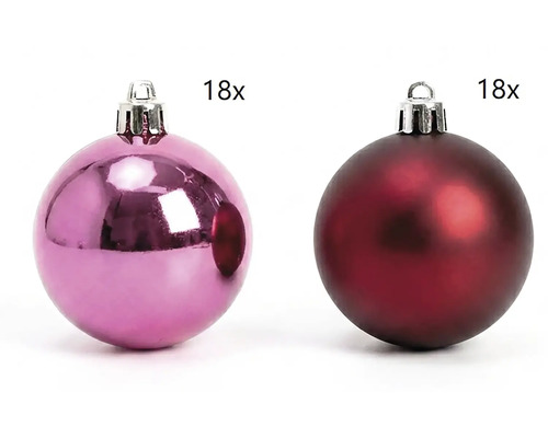 Set van 36 kerstballen, 18 glanzende roze en 18 mat donkerrode ballen met ophangoog.