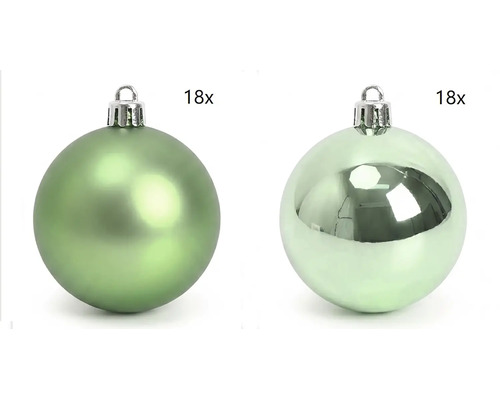 Twee groene kerstballen, één mat en één glanzend, set van 18 stuks.