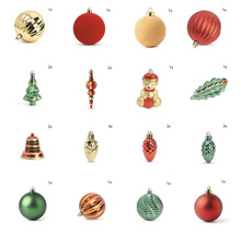 Kerstversieringsset met diverse vormen zoals ballen, klokken, dennenappels, kerstbomen en figuren met matte en glanzende afwerkingen.