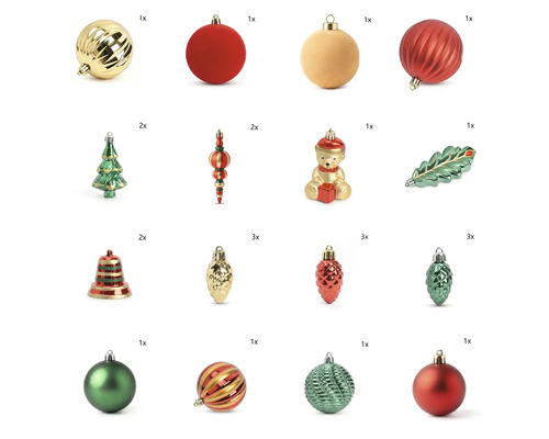 Kerstversieringsset met diverse vormen zoals ballen, klokken, dennenappels, kerstbomen en figuren met matte en glanzende afwerkingen.