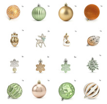 Kerstboomversiering set met ballen, dierenfiguren, sneeuwvlokken en bladeren in diverse ontwerpen en texturen.