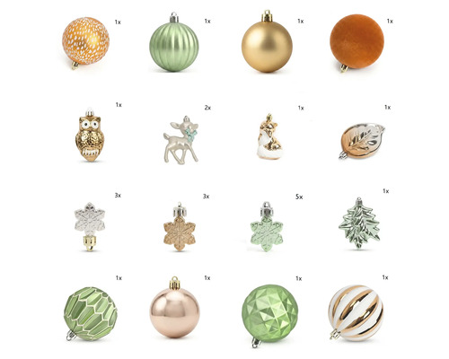 Kerstboomversiering set met ballen, dierenfiguren, sneeuwvlokken en bladeren in diverse ontwerpen en texturen.
