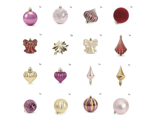 Set van diverse kerstversieringen waaronder ballen, sterren, harten en strikken in verschillende patronen en afwerkingen.