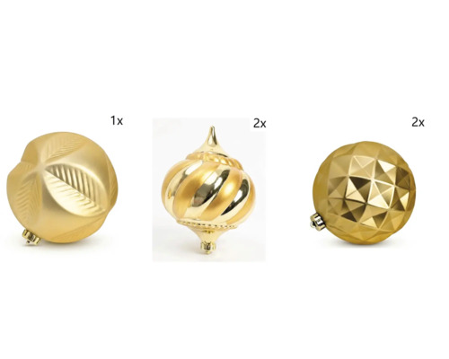 Gouden kerstballen in een set met bladpatroon, spiraalvorm en geometrische facetten.