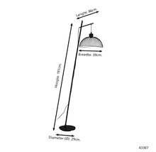 Maattekening van een vloerlamp met gaaskap: hoogte 191 centimeter, lengte 86 centimeter, kapbreedte 39 centimeter, voetdiameter 29 centimeter.