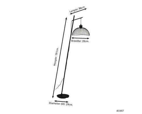 Maattekening van een vloerlamp met gaaskap: hoogte 191 centimeter, lengte 86 centimeter, kapbreedte 39 centimeter, voetdiameter 29 centimeter.