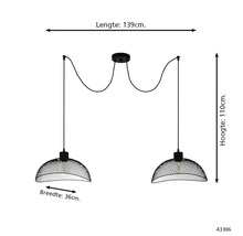 Tweelichts hanglamp met gaaskappen, lengte 139 centimeter, hoogte 110 centimeter, breedte kap 36 centimeter.
