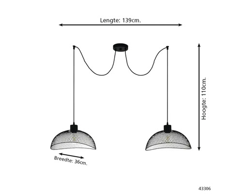 Tweelichts hanglamp met gaaskappen, lengte 139 centimeter, hoogte 110 centimeter, breedte kap 36 centimeter.