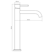 Technische tekening van een hoge wastafelkraan met een hoogte van 304 millimeter en een sprong van 183 millimeter.