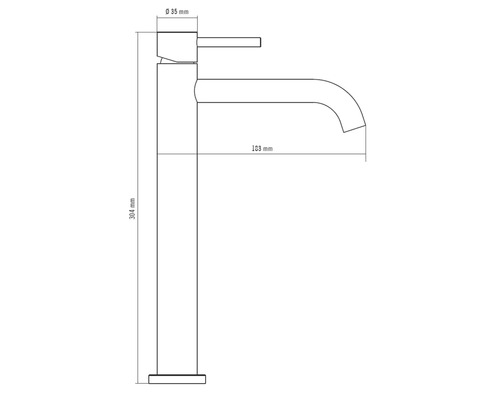 Technische tekening van een hoge wastafelkraan met een hoogte van 304 millimeter en een sprong van 183 millimeter.