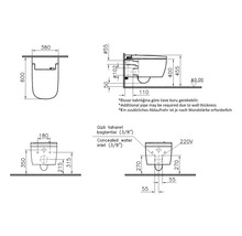 Technische tekening van een wandtoilet met afmetingen in millimeters voor breedte, diepte, hoogte en aansluitingen voor water en elektriciteit.